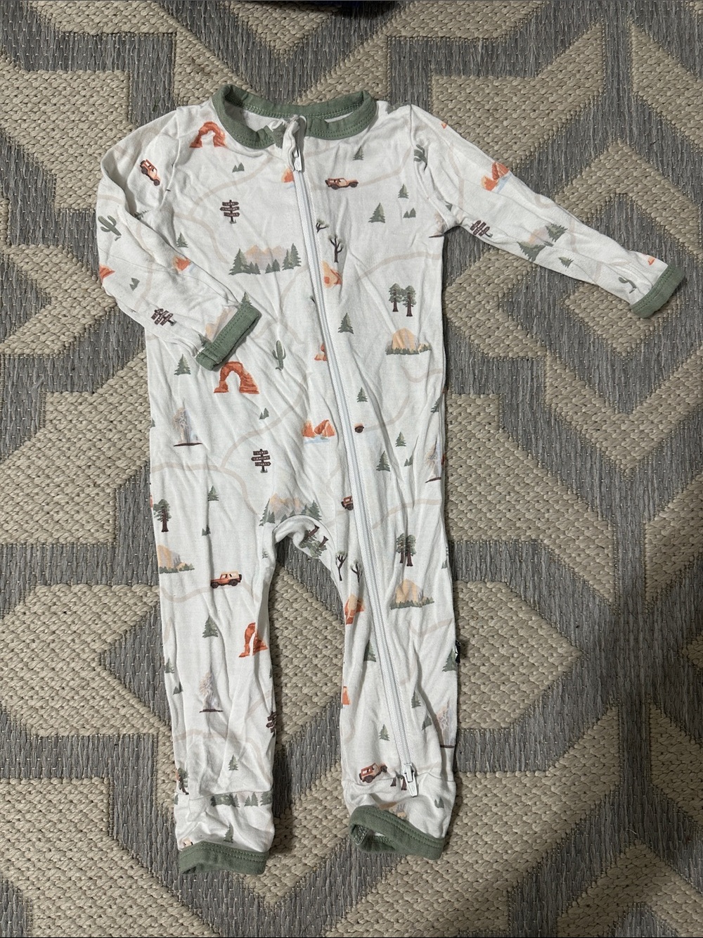 Kyte BABY White Footed One-Piece with Green Trim and Orange Forest Print